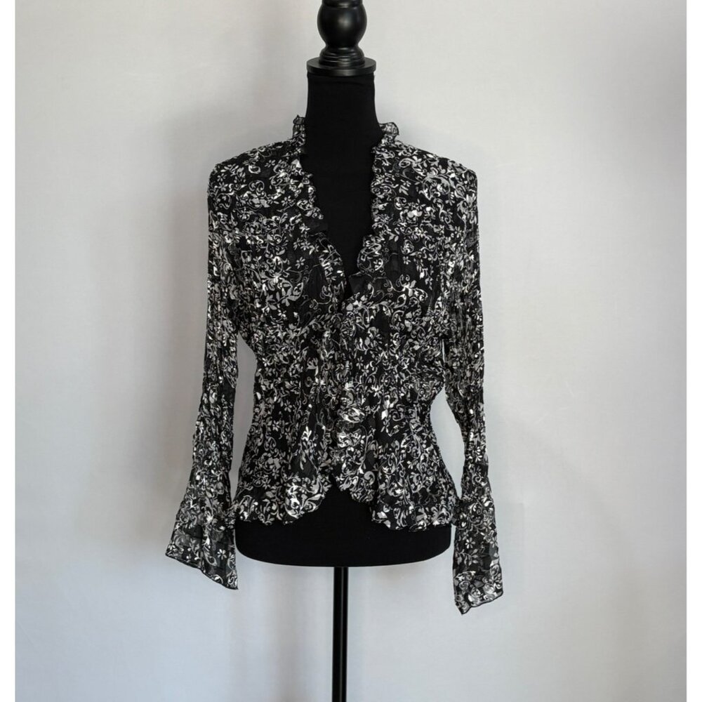 Black & White Floral Ruffle Chiffon Blouse By Notations Petite